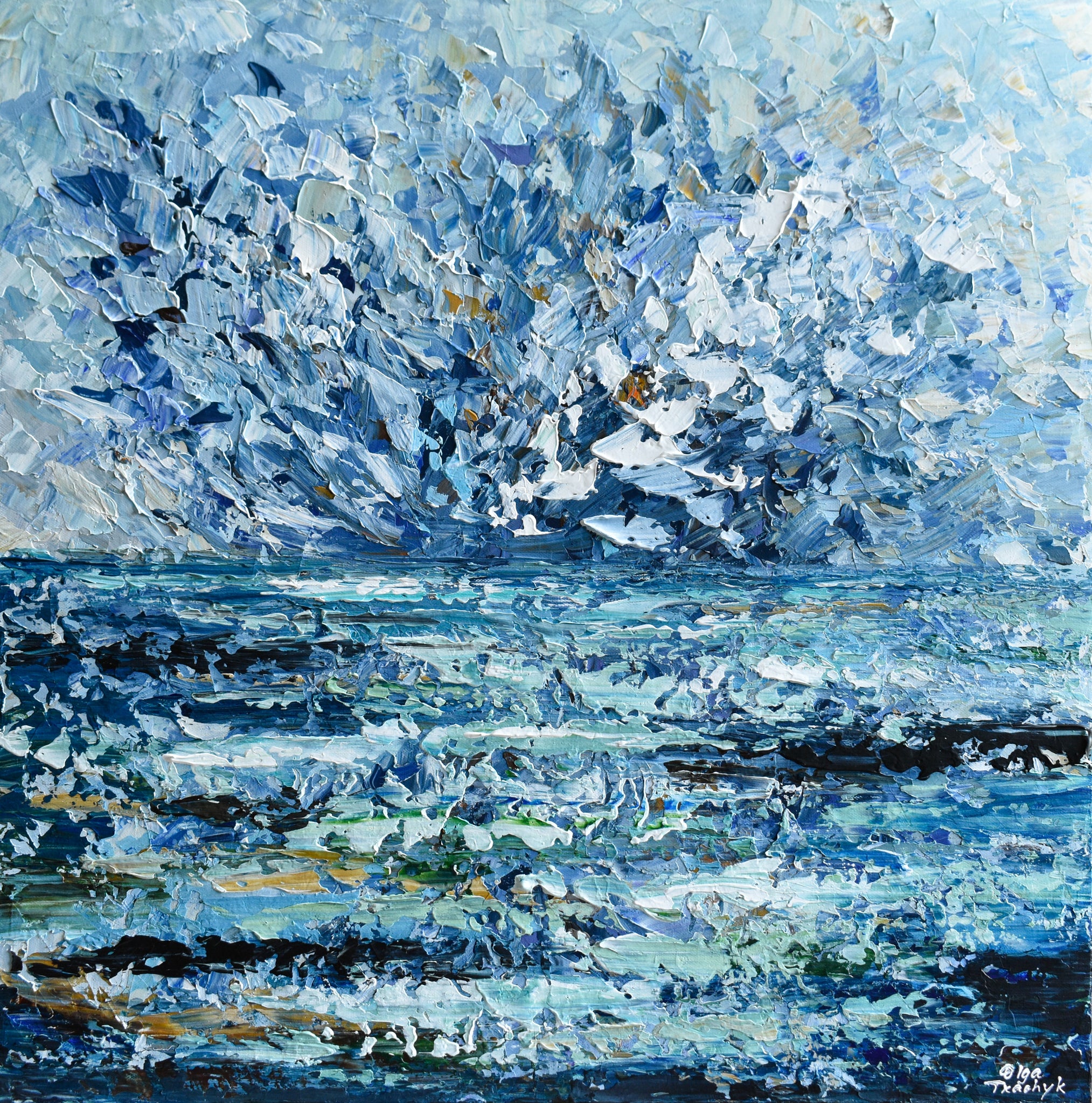 Seascape painting, ocean after the storm, palette knife textured wall art, acrylic on canvas