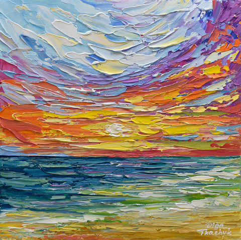 Bright Sunset II, Impressionist Ocean Painting, Acrylic, 12"x12"