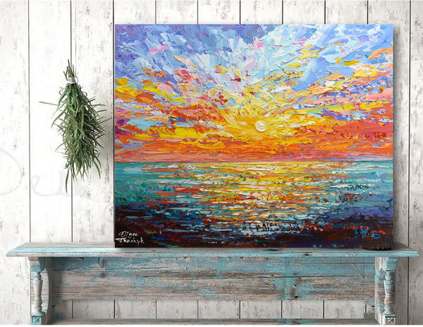 Red Sunset, Palette Knife Ocean Painting, Acrylic, 16"x20"