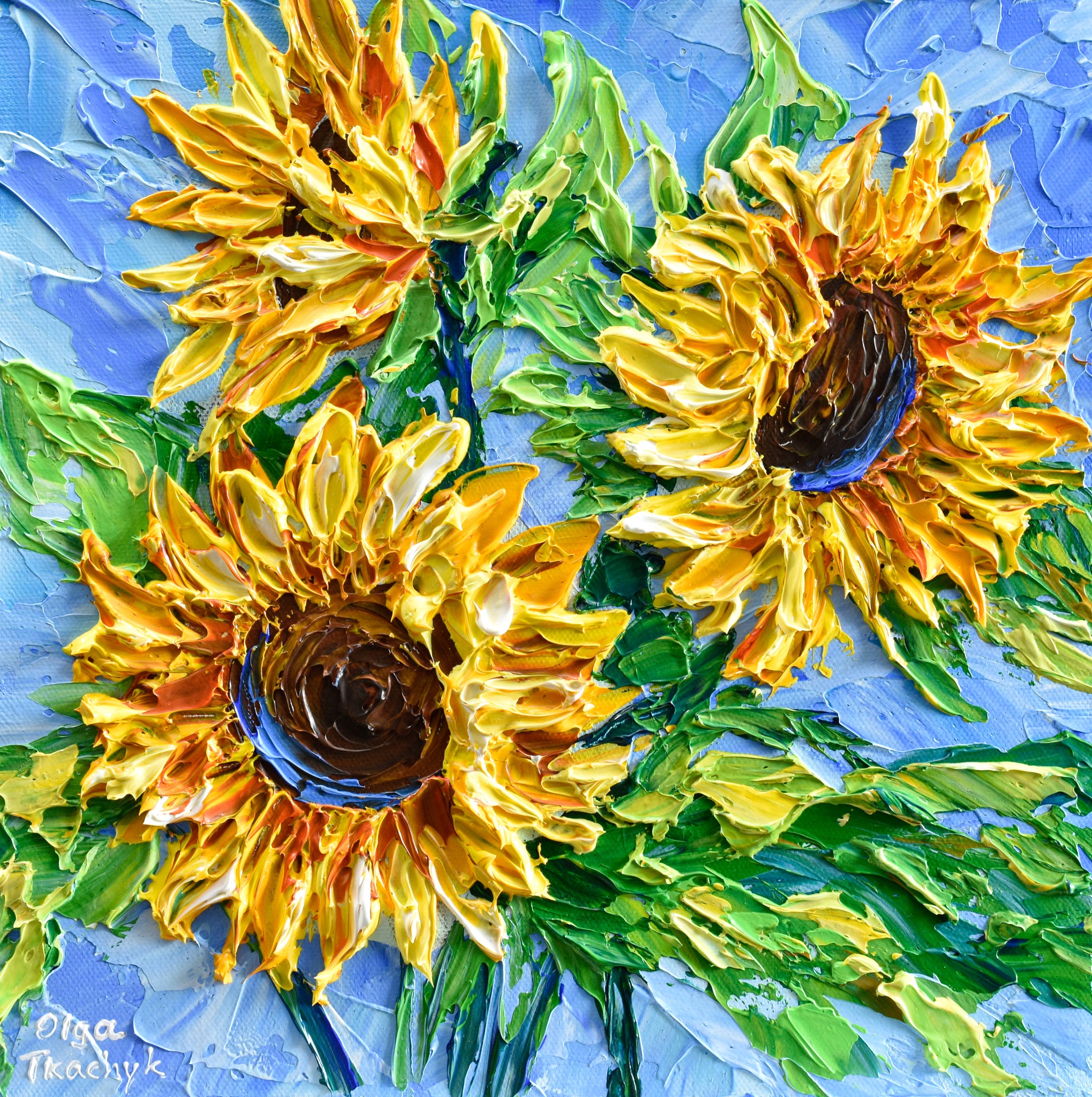 Sunflower painting, original impasto floral art, palette knife textured wall art canvas, gift for her