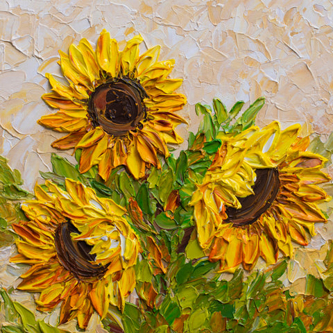 Sunflowers at Sunset, Impressionist Impasto Painting on Canvas 12"x12"