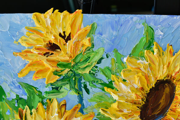 Sunflower on blue III, Impressionist Impasto Painting on Canvas 12"x12"