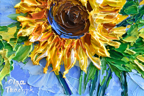 Copy of Sunflower on blue III, Impressionist Impasto Painting on Canvas 12"x12"
