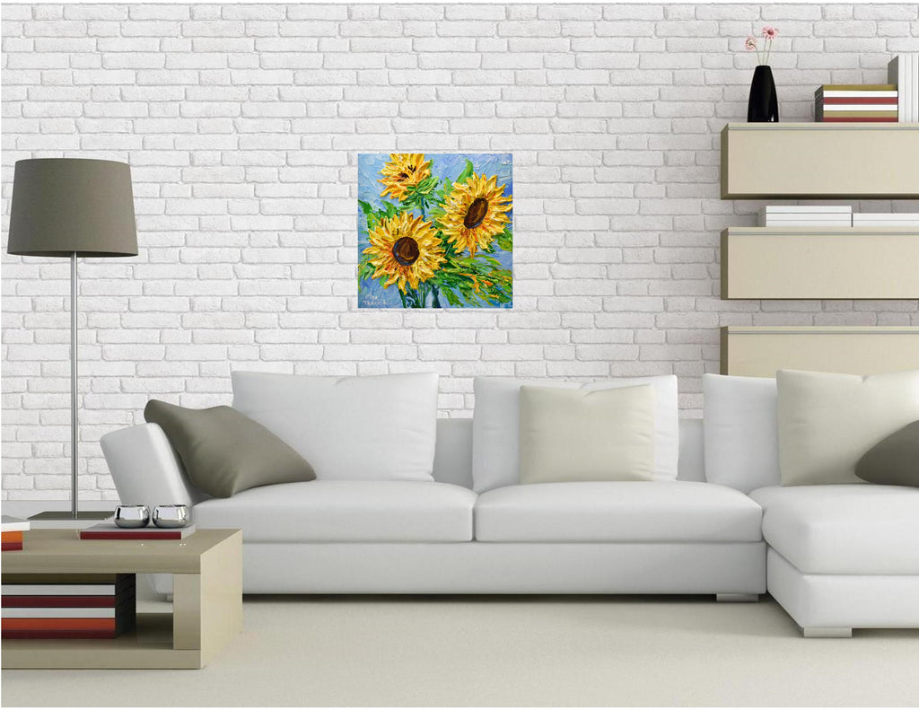 Sunflower on blue III, Impressionist Impasto Painting on Canvas 12