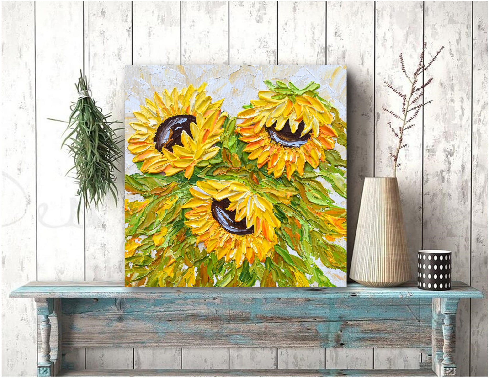 Fall Sunflowers Impasto Painting, Original Art Gift for Wife,12