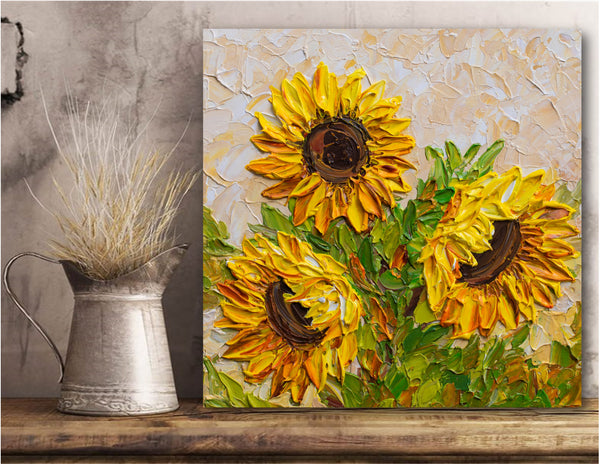 Sunflowers at Sunset, Impressionist Impasto Painting on Canvas 12"x12"