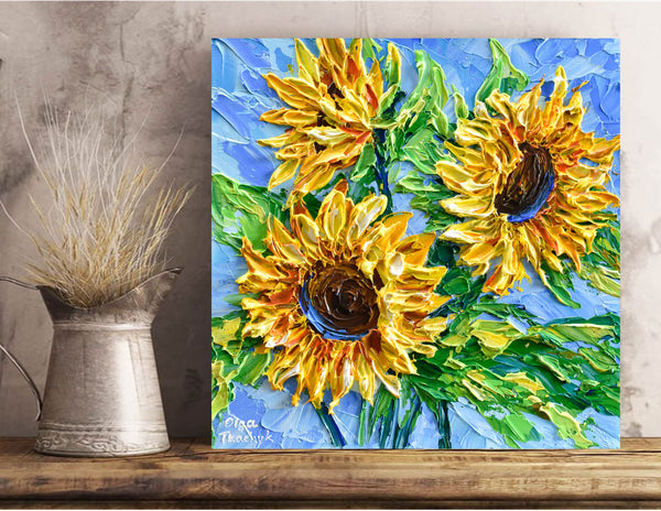 Copy of Sunflower on blue III, Impressionist Impasto Painting on Canvas 12"x12"