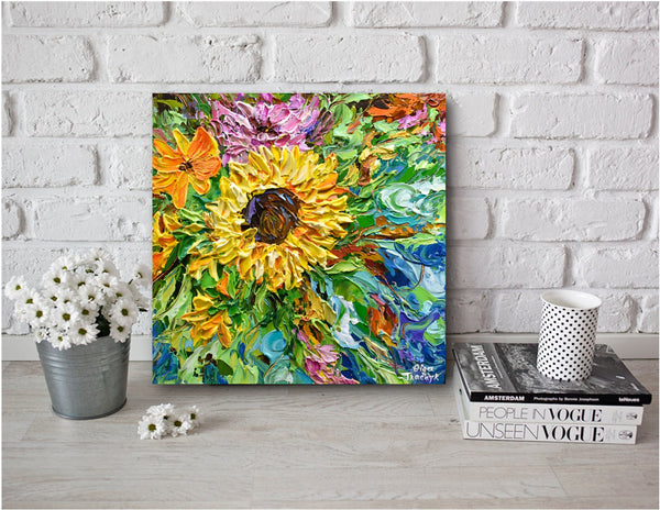 Sunflower in the garden, Impressionist Impasto Painting on Canvas 12"x12"