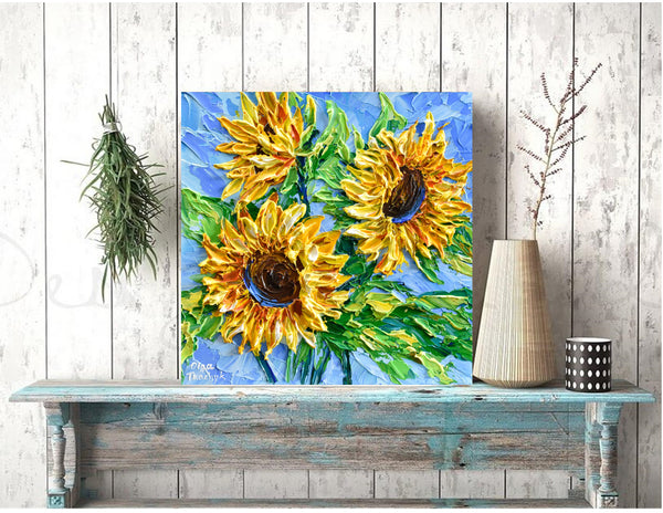 Copy of Sunflower on blue III, Impressionist Impasto Painting on Canvas 12"x12"