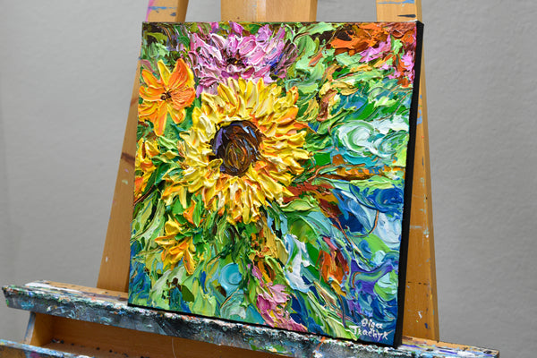 Sunflower in the garden, Impressionist Impasto Painting on Canvas 12"x12"
