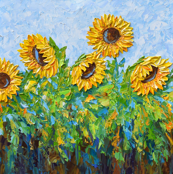 Sunflower Field, Impressionist Impasto Painting on Canvas 24"x24"