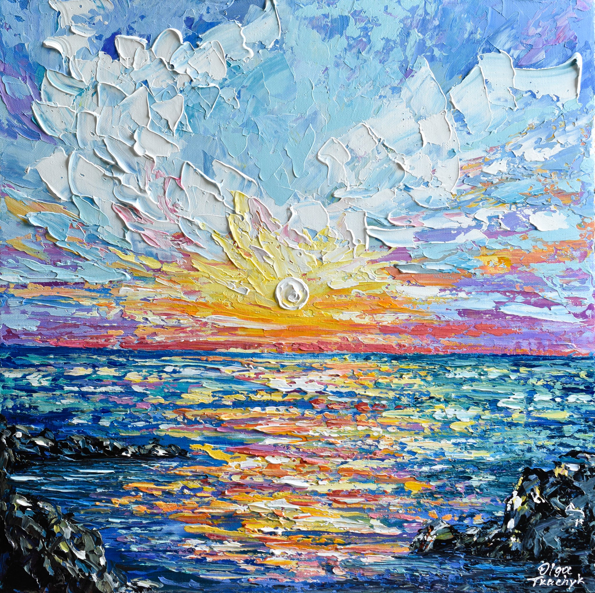 Original impasto ocean painting, palette knife seascape artwork, colorful sunset over the sea