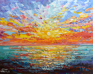 Red Sunset, Palette Knife Ocean Painting, Acrylic, 16"x20"