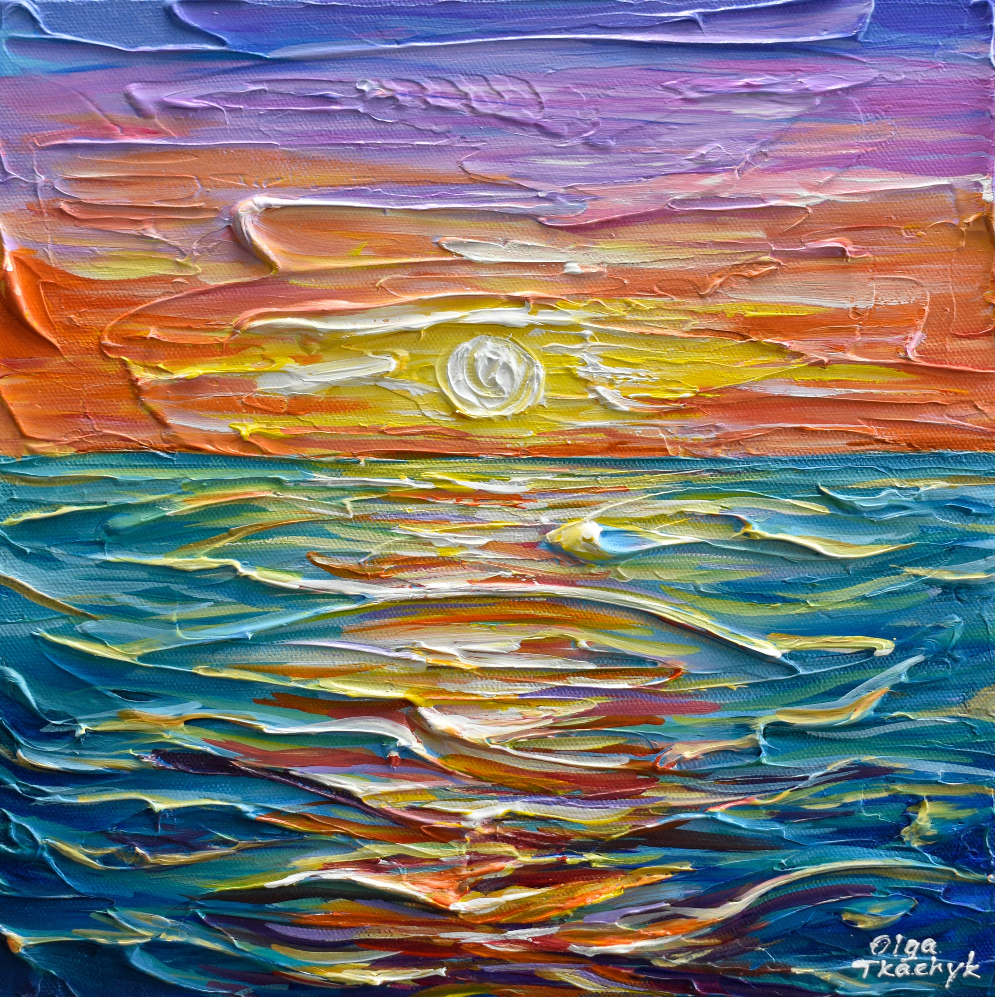 Bright Sunset, Impressionist Ocean Painting, Acrylic, 12"x12"