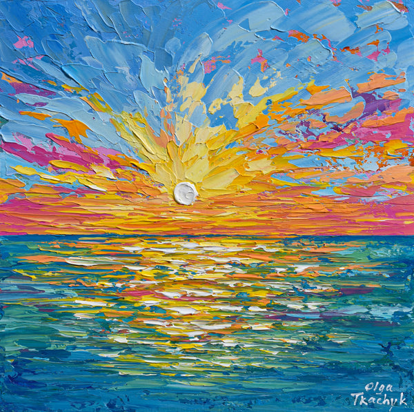 Sunset Over The Sea, Abstract Ocean Painting, Acrylic, 12"x12"