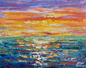Sunset, Colorful Abstract Acrylic Painting on Canvas,  11"x14"
