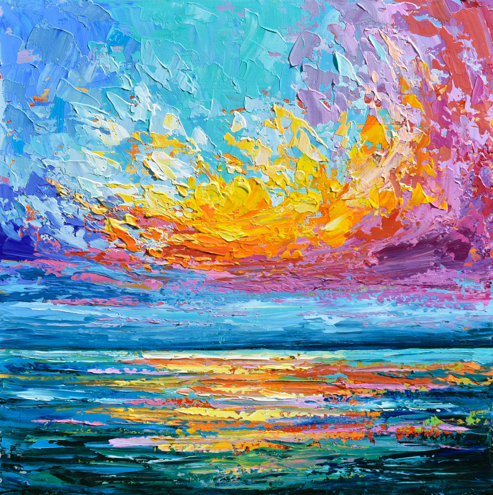 Original impasto sunset ocean painting on canvas, palette knife art