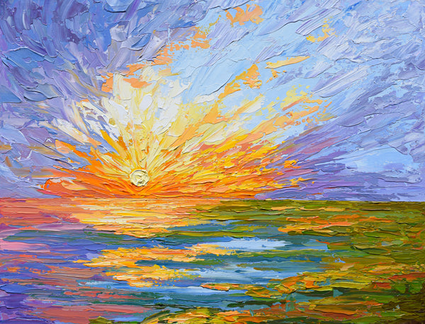 Original Lake Sunset Painting on Canvas, Impressionist, Palette Knife Art