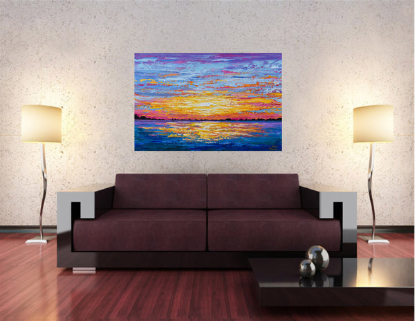 Ocean Sunset, Colorful Palette Knife Painting, Acrylic, 24"x36"
