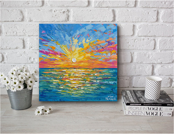 Sunset Over The Sea, Abstract Ocean Painting, Acrylic, 12"x12"