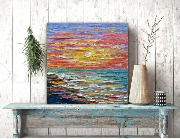 Early Sunset, Abstract Ocean Painting, Acrylic, 12"x12"