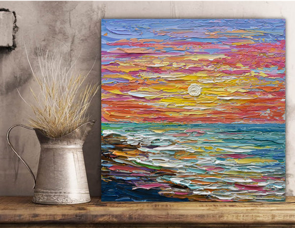 Early Sunset, Abstract Ocean Painting, Acrylic, 12"x12"