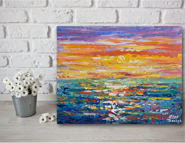 Sunset, Colorful Abstract Acrylic Painting on Canvas,  11"x14"