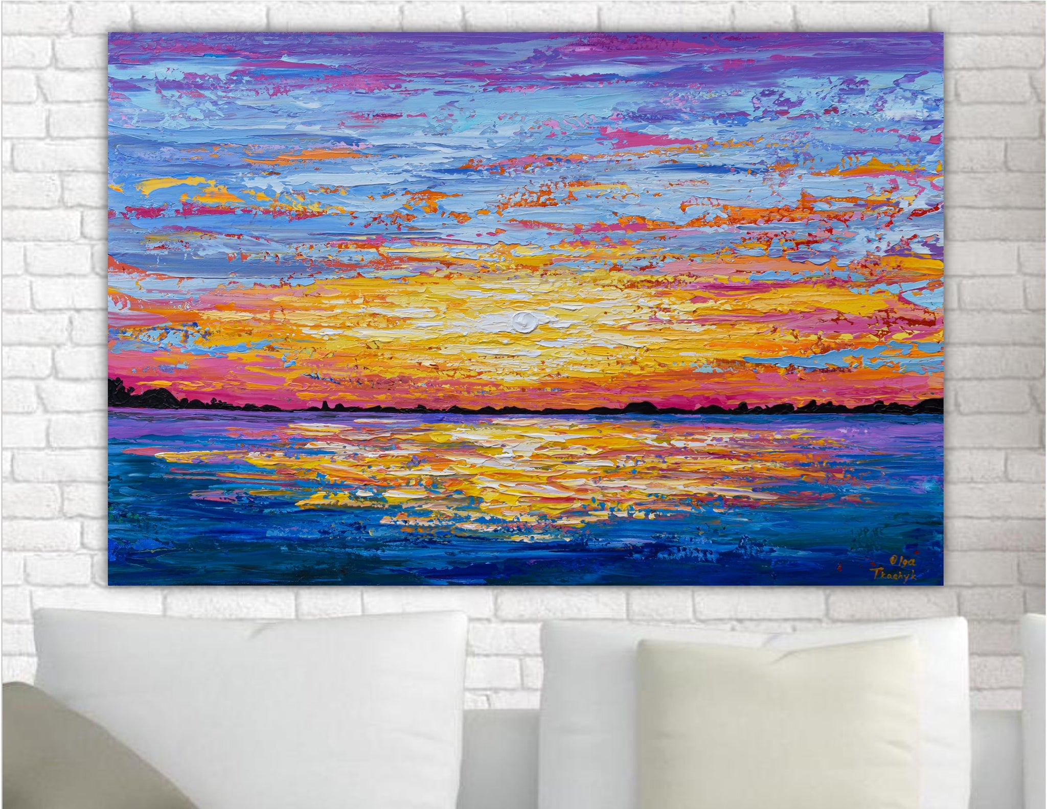 Ocean Sunset, Colorful Palette Knife Painting, Acrylic, 24"x36"