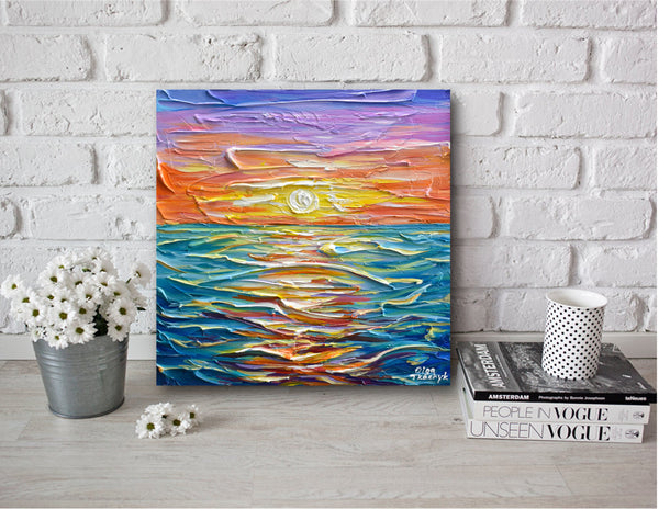 Bright Sunset, Impressionist Ocean Painting, Acrylic, 12"x12"