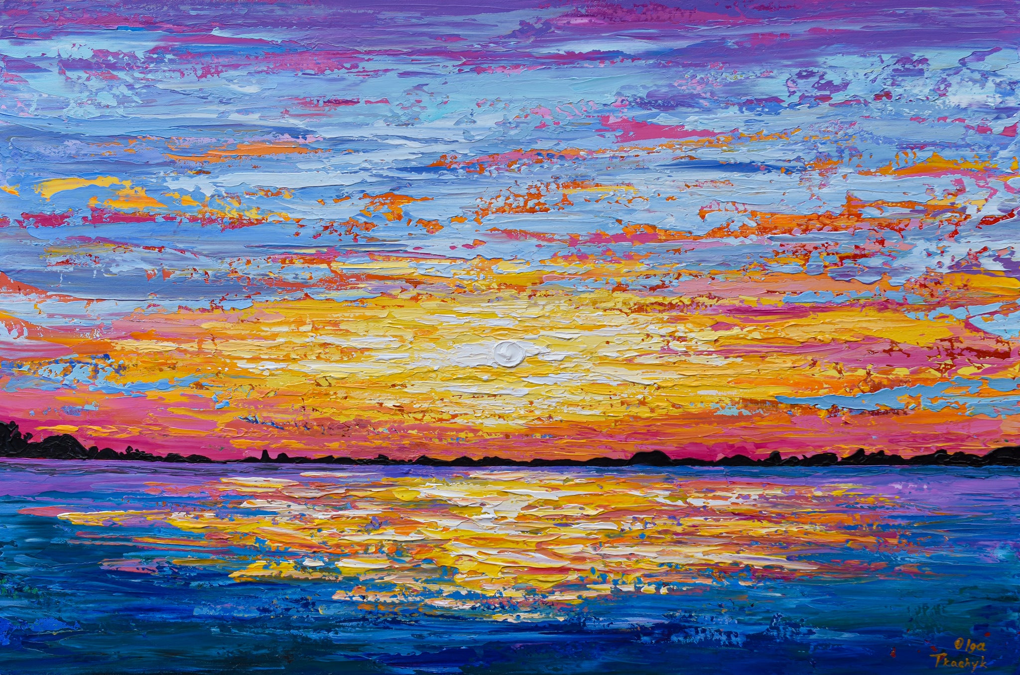Ocean Sunset, Colorful Seascape Palette Knife Painting, Acrylic
