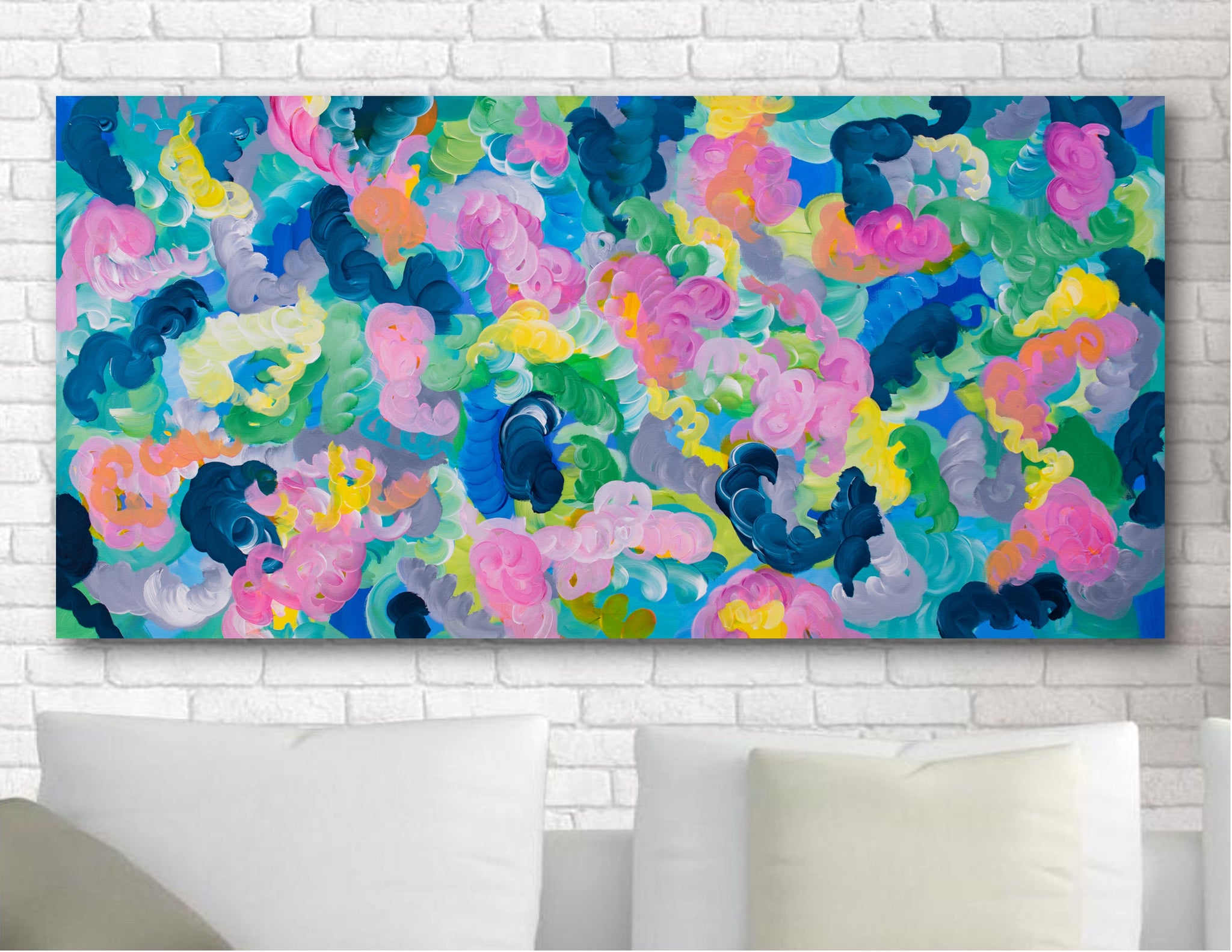 Childhood, Abstract Swirls Painting on Canvas, 24"x48"