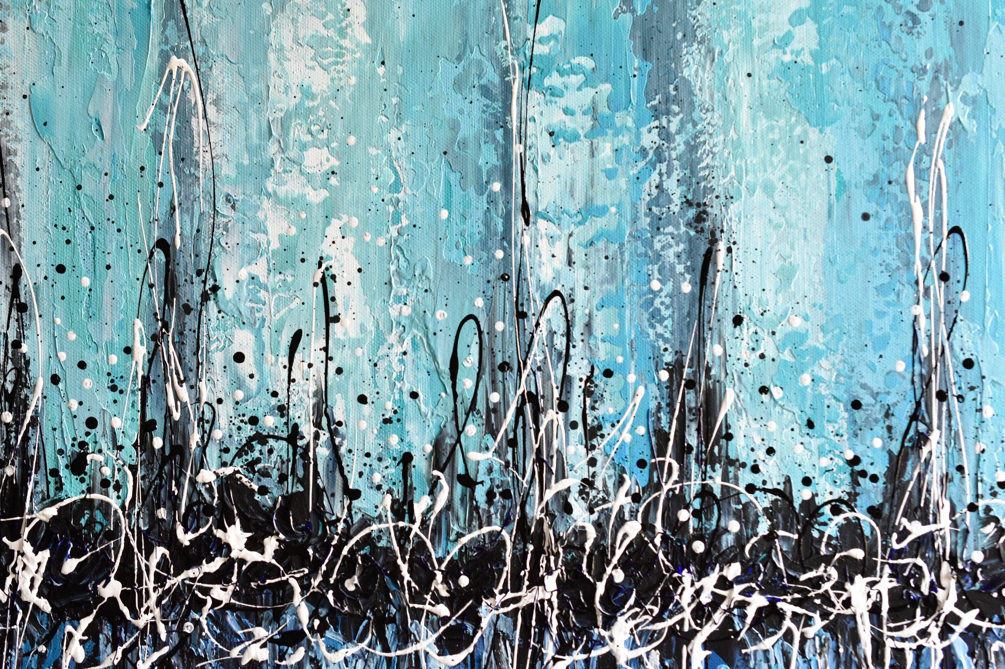 Aqua blue abstract acrylic painting on canvas, palette knife art