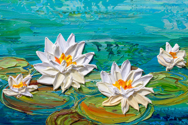 Water Lily Lake, Impasto Floral Painting, Acrylic, 12"x12"