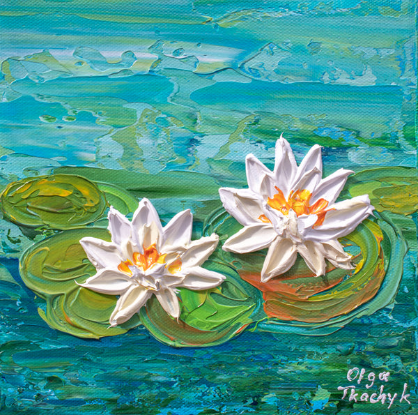 Ivory Water Lilies, Original Impasto Floral Painting, Acrylic, 8"x8"