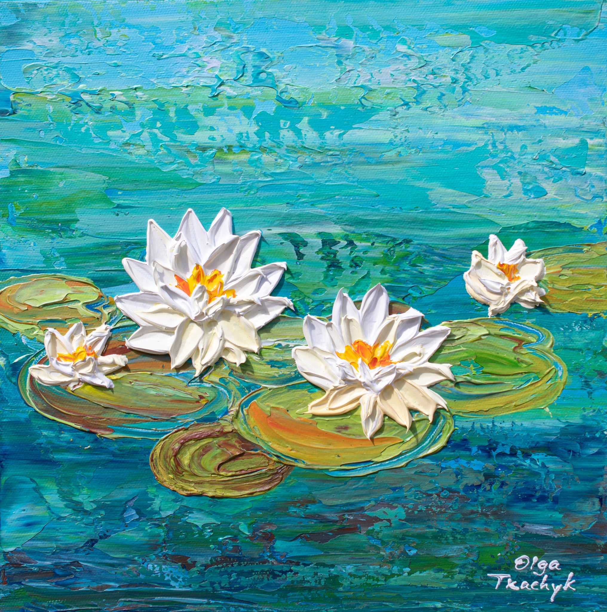 water lily flower painting Water Lily Lake, Impasto Floral Painting, Acrylic, 12"x12" – Olga Tkachyk Art