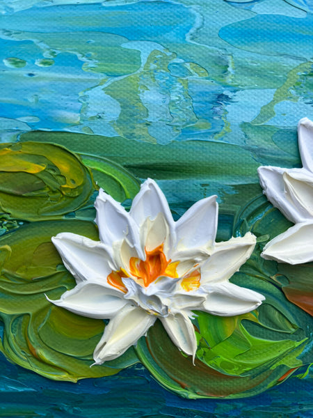 Ivory Water Lilies, Original Impasto Floral Painting, Acrylic, 8"x8"