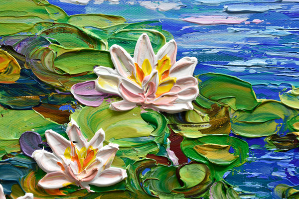 Water Lilies Pond II, Impasto Floral Painting, Acrylic, 12"x12"