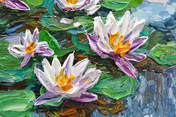 Waterlilies Pond, Impasto Floral Painting, Acrylic, 12"x12"