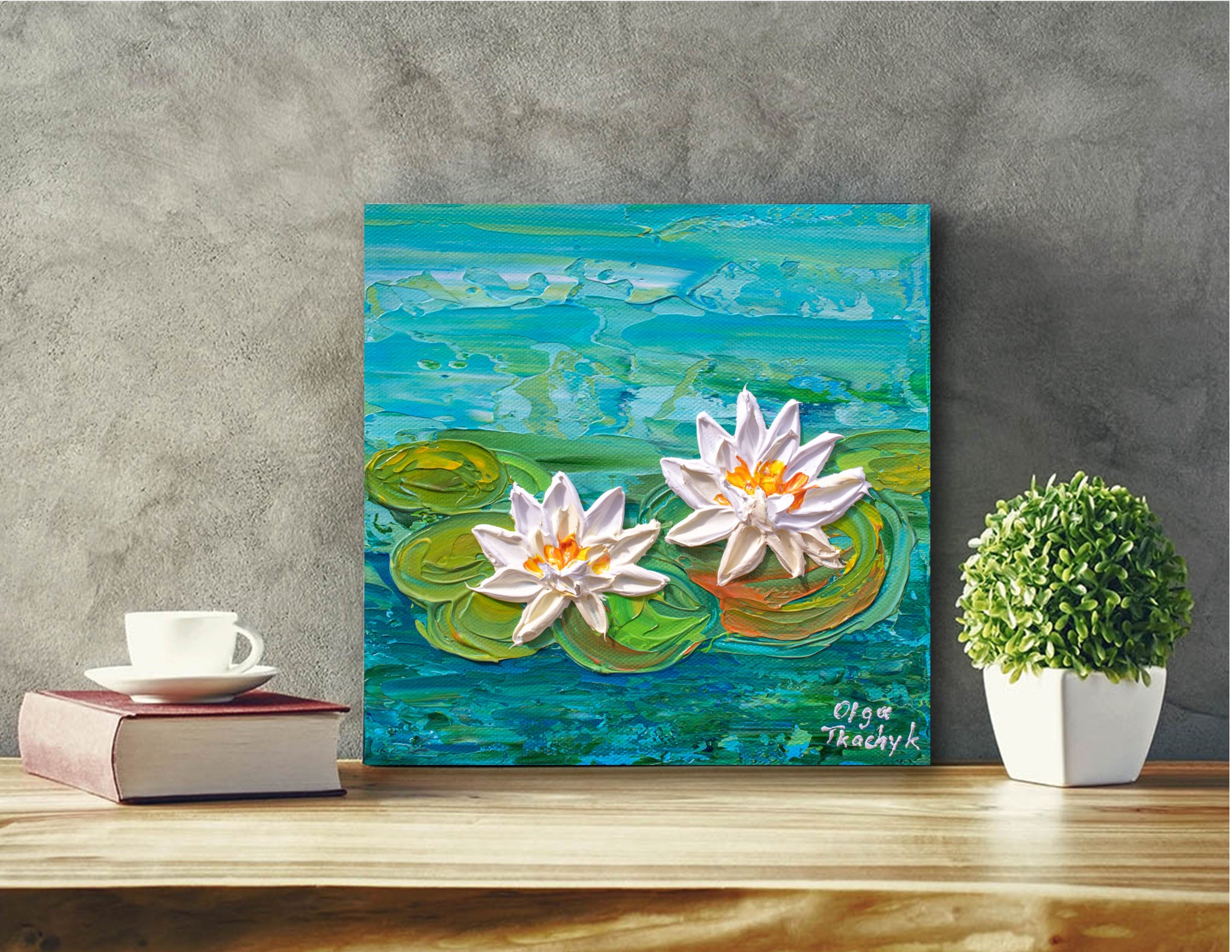 Ivory Water Lilies, Original Impasto Floral Painting, Acrylic, 8