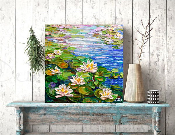Water Lilies Pond II, Impasto Floral Painting, Acrylic, 12"x12"