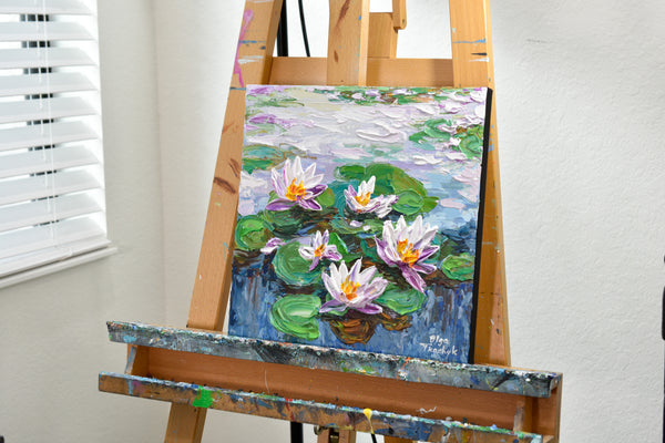 Waterlilies Pond, Impasto Floral Painting, Acrylic, 12"x12"