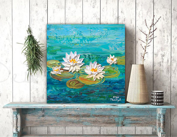Water Lily Lake, Impasto Floral Painting, Acrylic, 12"x12"