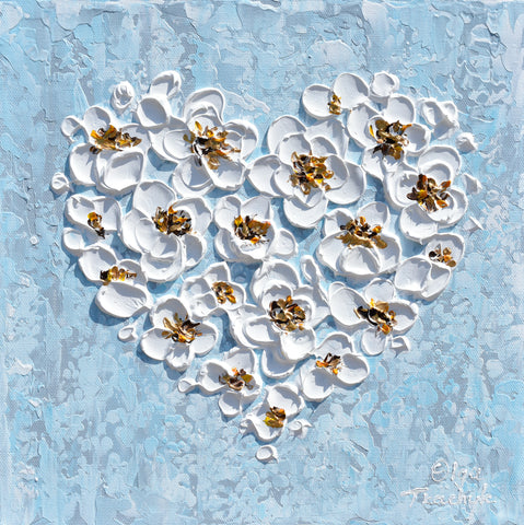 White Floral Heart Painting on Canvas, Impasto Artwork, Heavy Texture Flowers, Olga Tkachyk Art