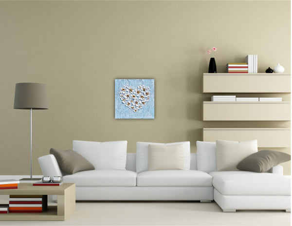 White Flower Heart, Impasto Acrylic Painting on Canvas, 12"x12"
