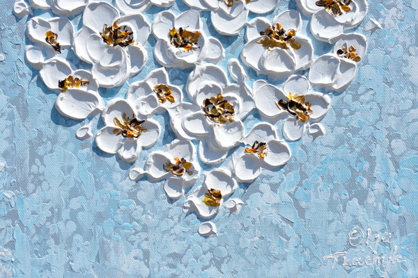White Flower Heart, Impasto Acrylic Painting on Canvas, 12"x12"