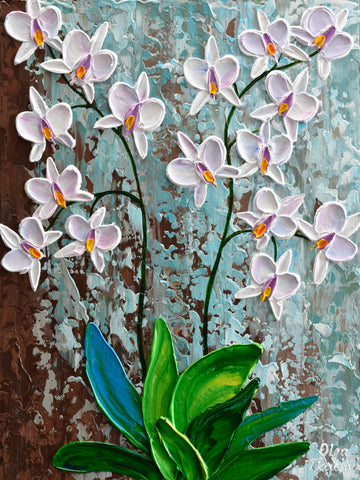 Impasto orchid painting, white floral art, palette knife textured painting by Olga Tkachyk