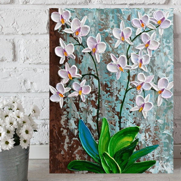 white orchid painting, impasto flower art, palette knife artwork by Olga Tkachyk