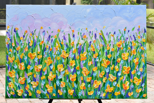 Yellow Flowers Meadow, Abstract Floral Painting, 24"x36"