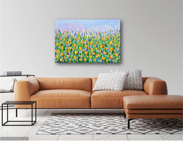 Yellow Flowers Meadow, Abstract Floral Painting, 24"x36"