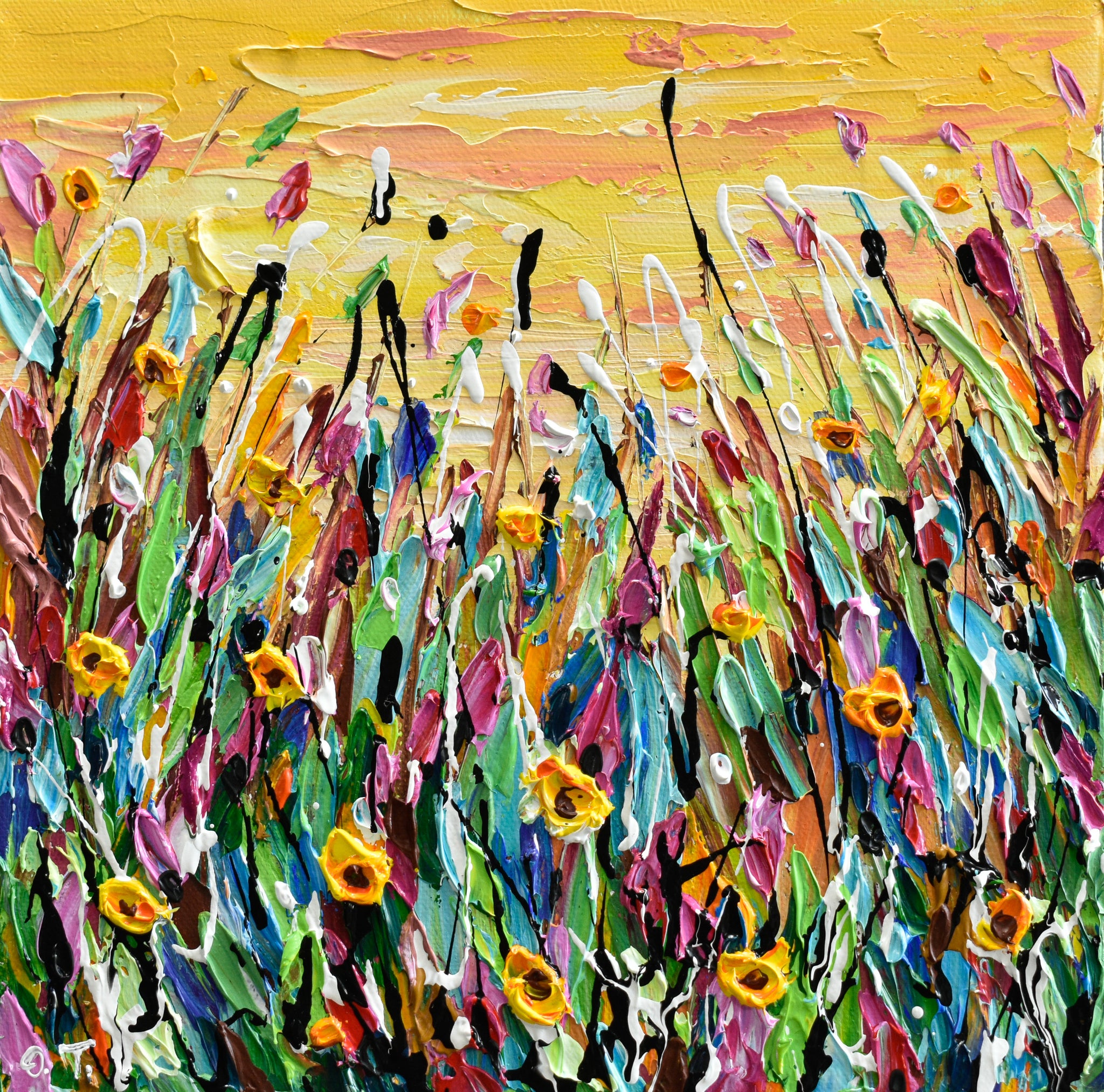 Yellow Flowers Meadow, Abstract Floral Painting, 10"x10"